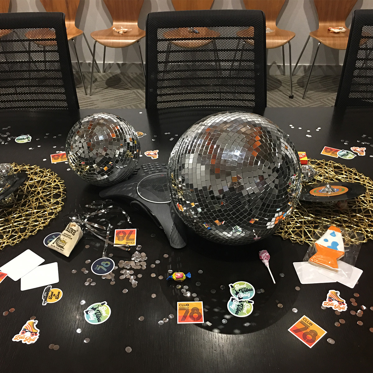 Disco balls as part of the Club 78 launch party decoration.