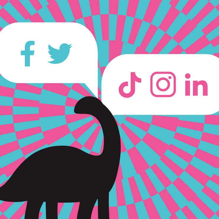 A silhouette of a dinosaur against a psychedelic background with social media icons