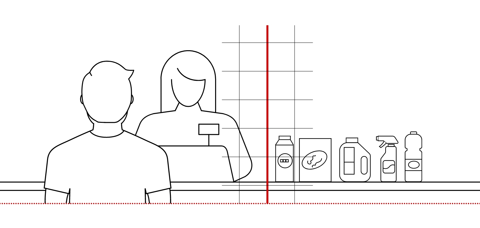 Illustration of cashier and customer at checkout.