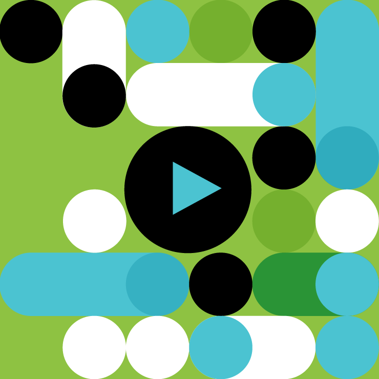 feature-image-placeholder-2 Blue, white, and black circles fill a green background, centered is a black video icon