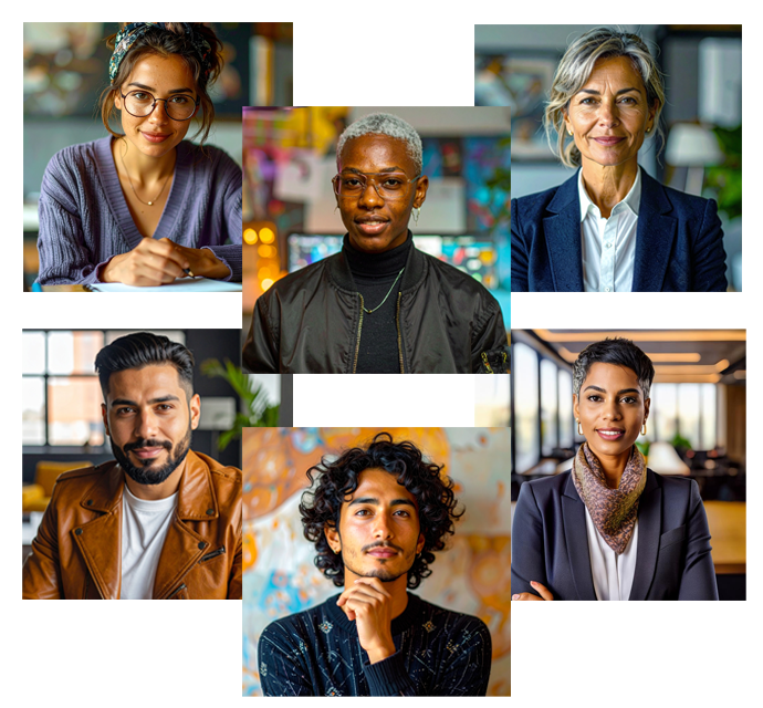 A diverse group of six headshot images representing StudioNorth's Brand-Aware Intelligence™ AI specialists.