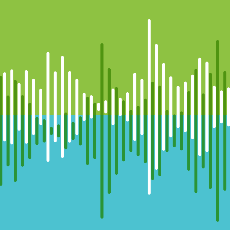 Vertical green and white bars resembling a waveform over a green and blue background.