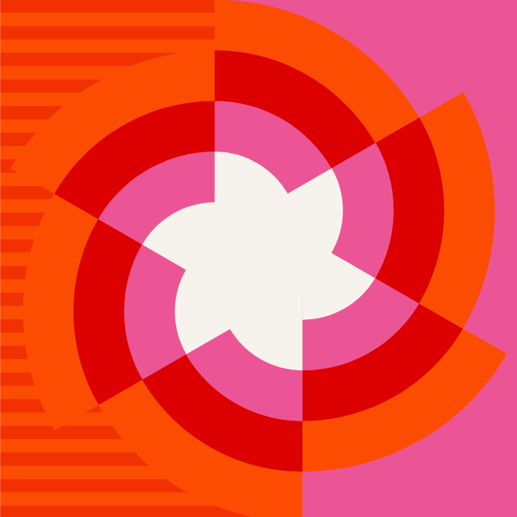 Layered red and orange circular shapes intersect over a pink background.