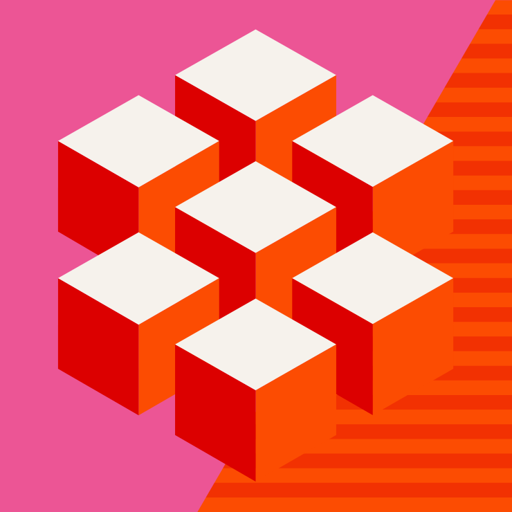 Geometric cubes arranged in a clustered pattern on a vibrant pink and orange background.