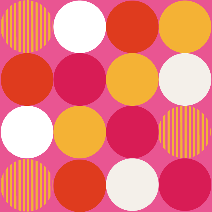 A grid of colorful patterned and solid circles arranged in repeating rows.