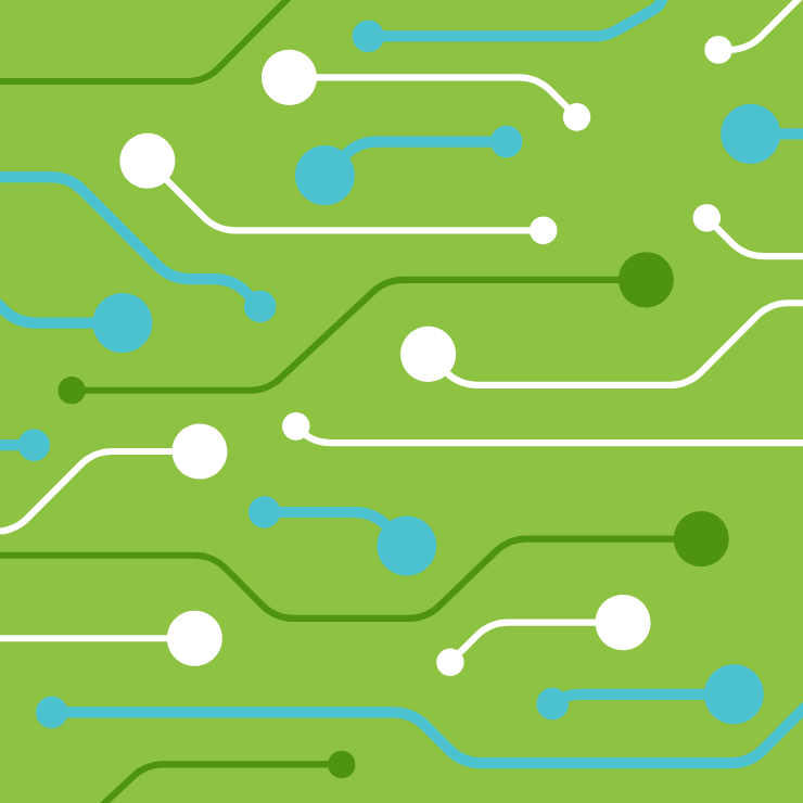 Abstract network of colored circuit lines and dots arranged on a bright green background.