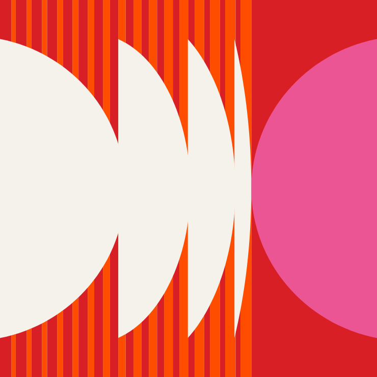 Abstract graphic featuring overlapping white and pink circular shapes against a red background with vertical orange stripes.