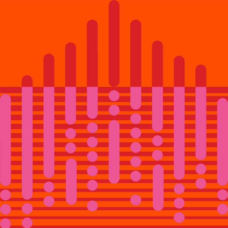 Abstract graphic showing vertical bars and dots forming a symmetrical pattern in red and pink tones.