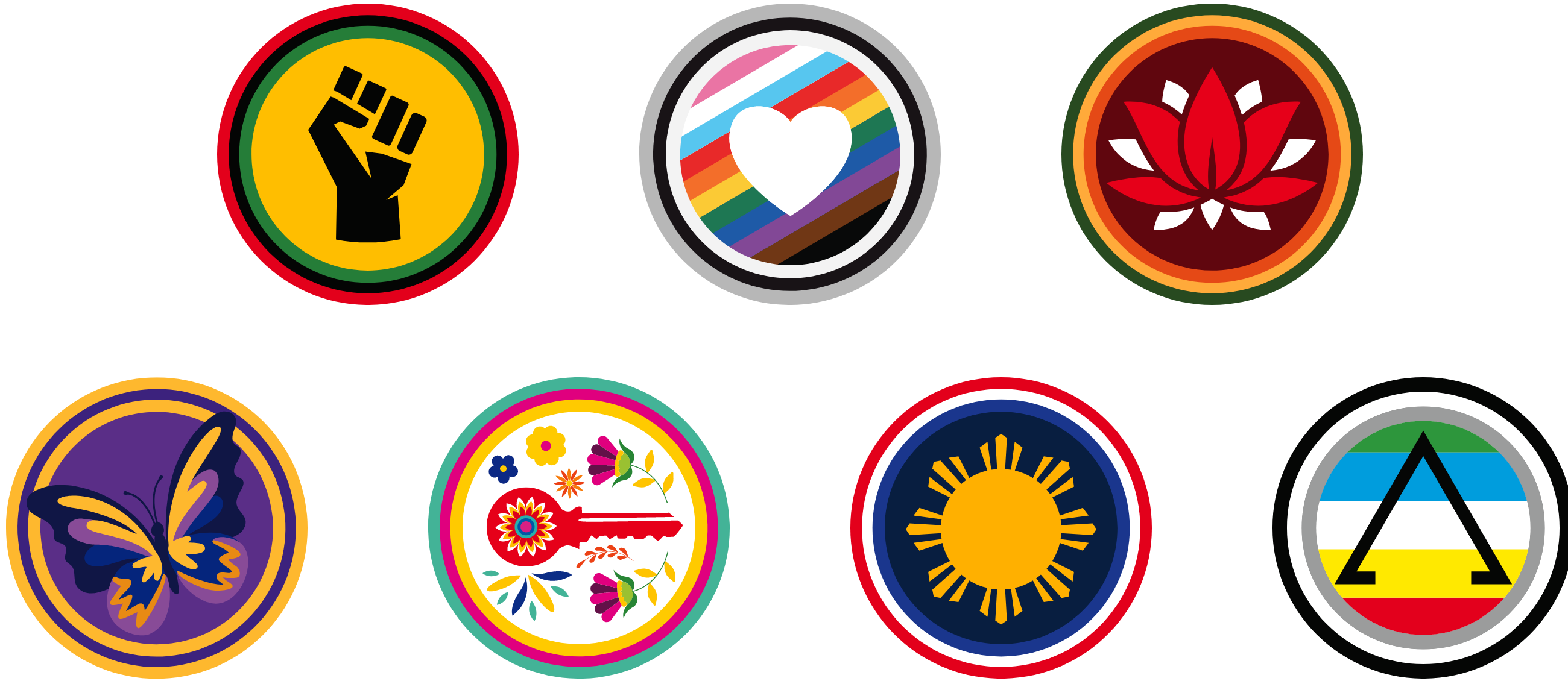 Collection of circular diversity-themed emblems featuring symbolic icons arranged on a black background.