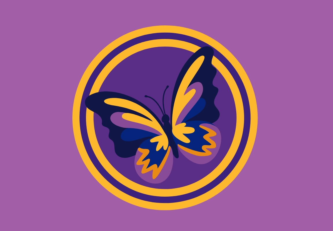 Circular emblem featuring a stylized butterfly in purple and gold tones against a lavender background.