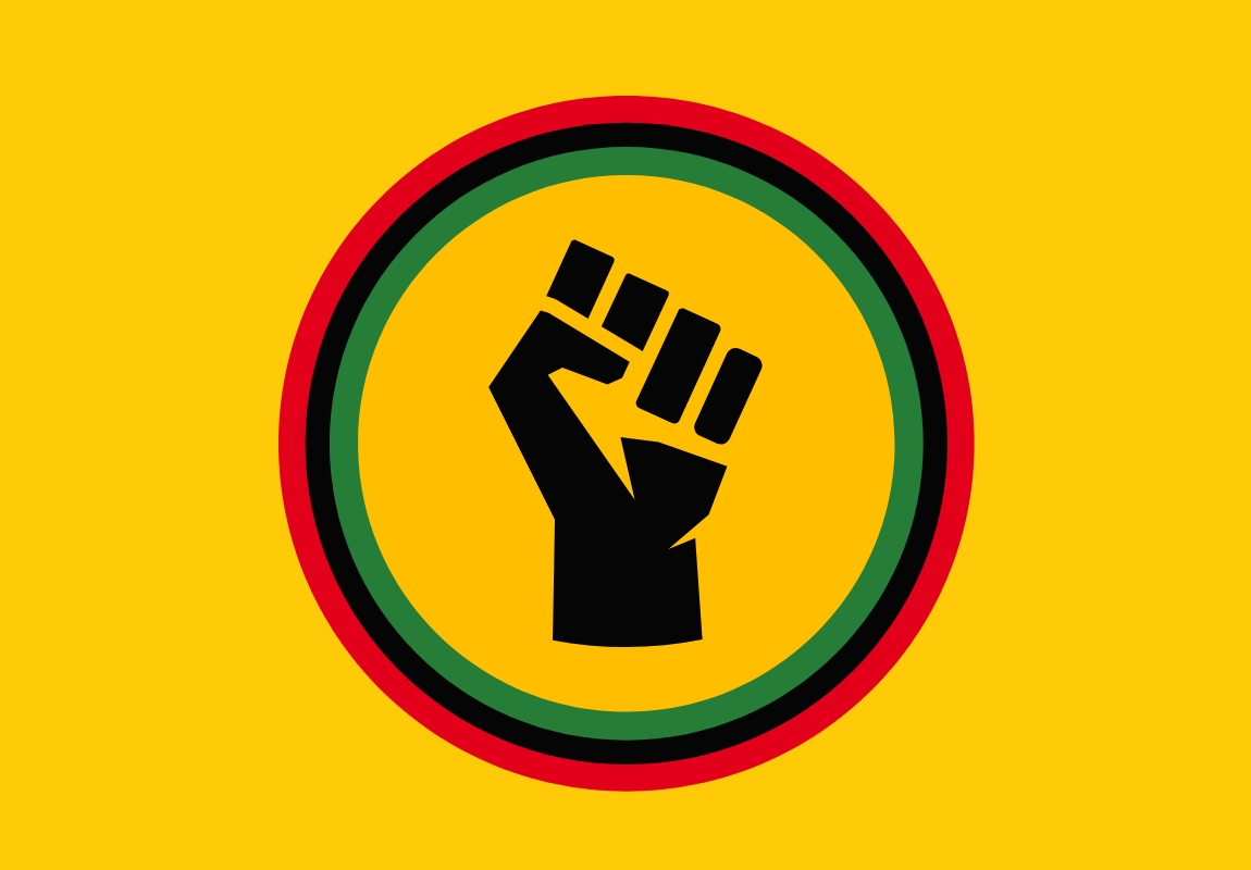 Circular emblem displaying a raised fist symbol centered within red, green, and black rings.
