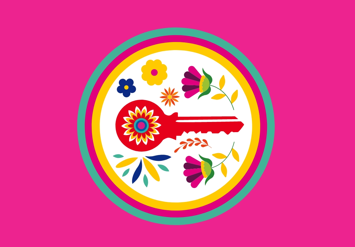Circular emblem with a decorative red key surrounded by colorful floral motifs on a bright pink background.