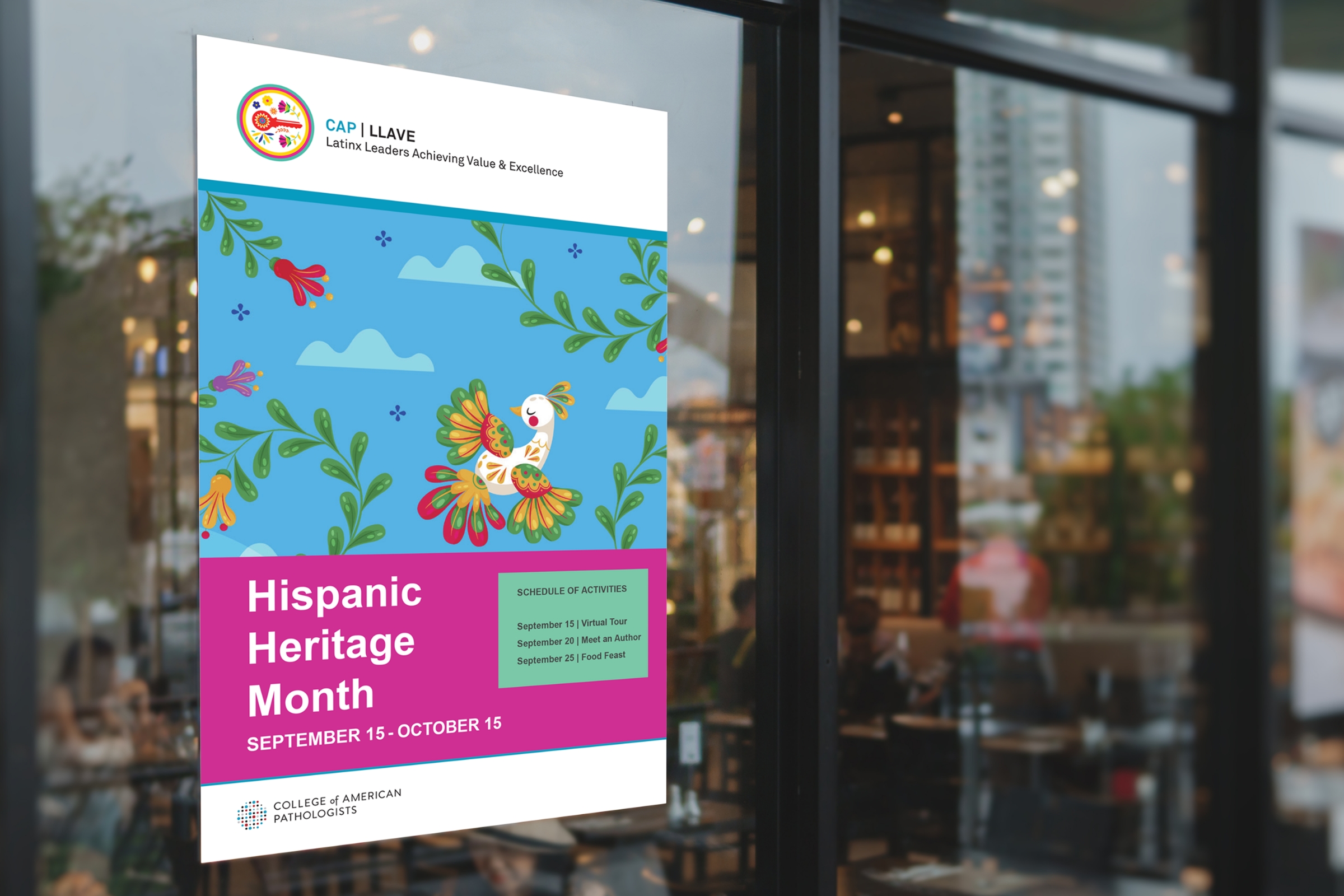 Hispanic Heritage Month poster displayed on a storefront window with CAP LLAVE branding.
