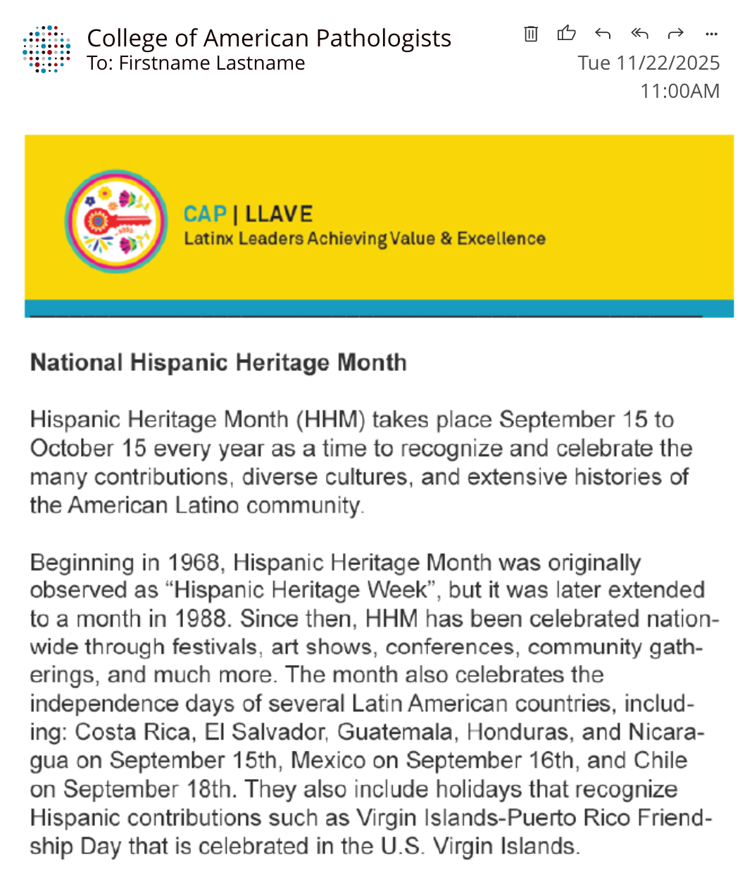 Email newsletter highlighting National Hispanic Heritage Month with CAP LLAVE branding and informational text.
