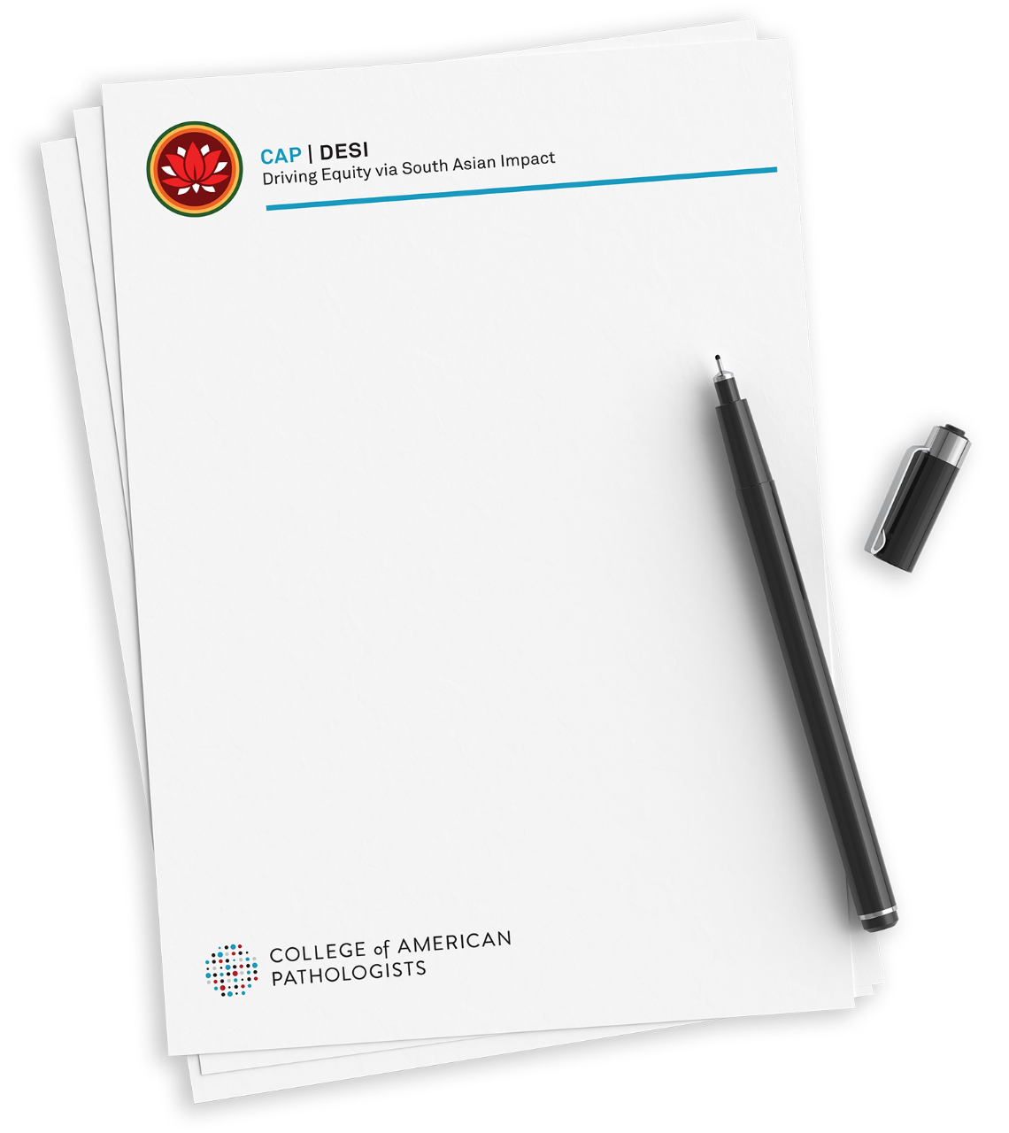 Stack of branded letterhead papers with CAP DESI logo and tagline, accompanied by a black pen.