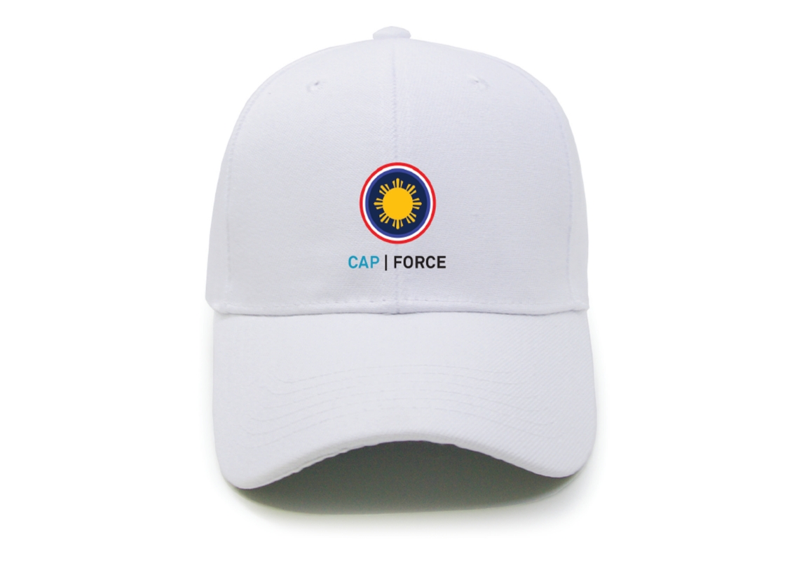 White baseball cap displaying the CAP Force logo with a yellow sun emblem centered on the front.