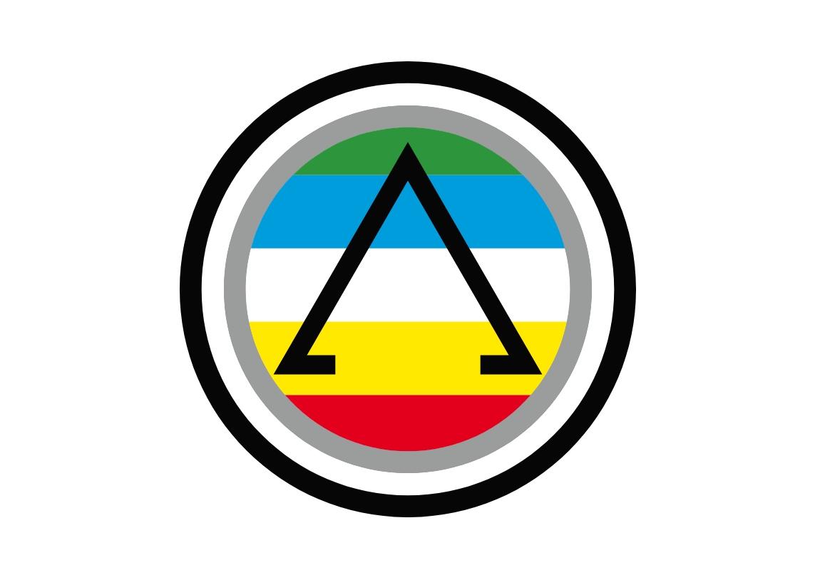 Circular symbol featuring horizontal multicolored stripes with a black triangular outline centered inside.