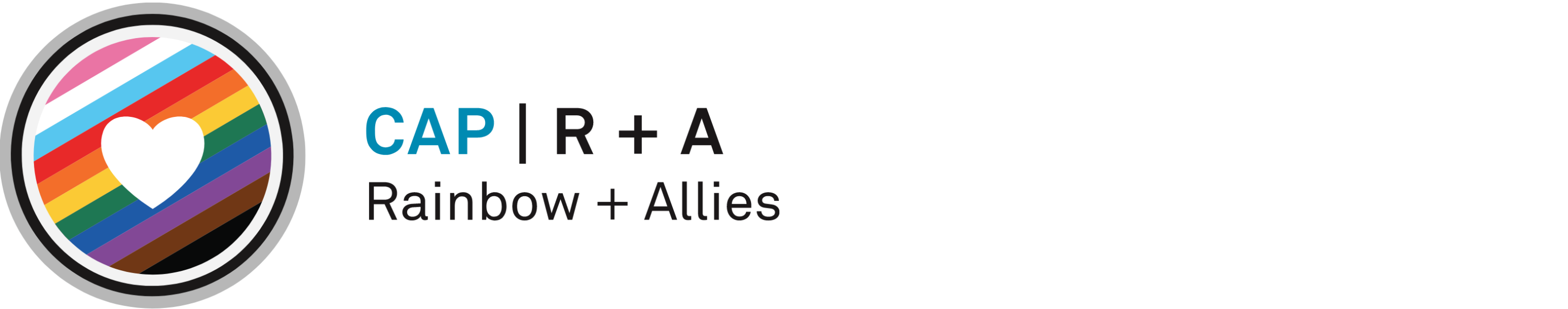 CAP R+A logo with a rainbow-striped heart icon and the text Rainbow + Allies on a black background.