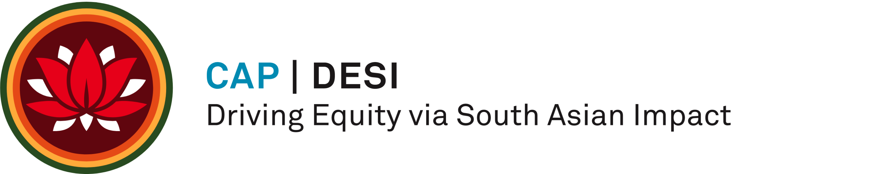 CAP DESI logo featuring a red lotus emblem with the text Driving Equity via South Asian Impact.