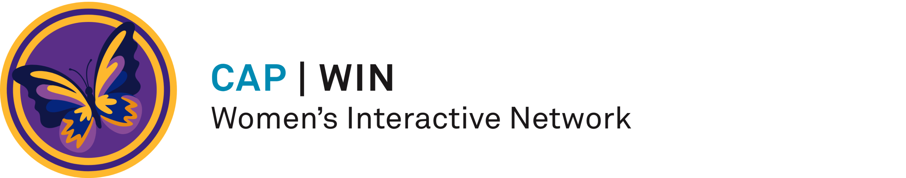 CAP WIN logo displaying a stylized butterfly emblem with the text Women’s Interactive Network on a dark background.