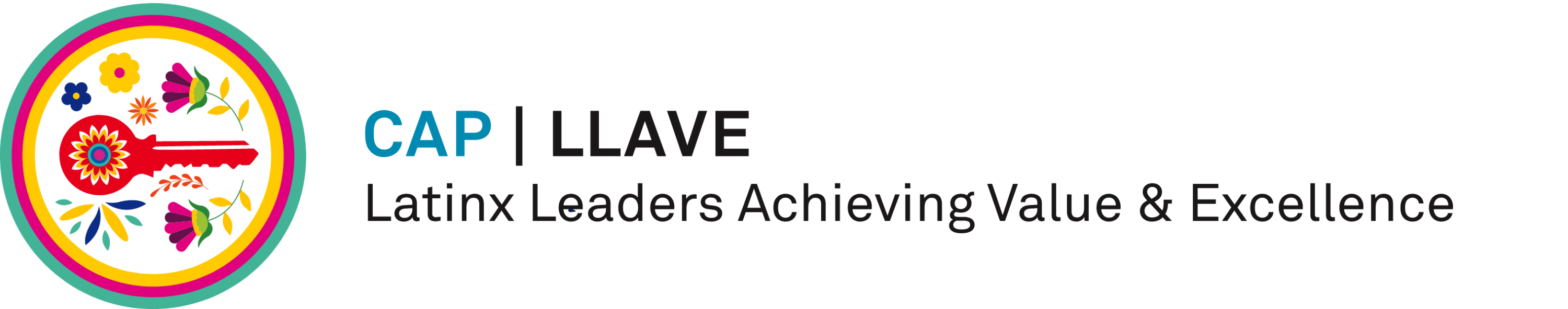 CAP LLAVE logo featuring a decorative key emblem with the text Latinx Leaders Achieving Value and Excellence.