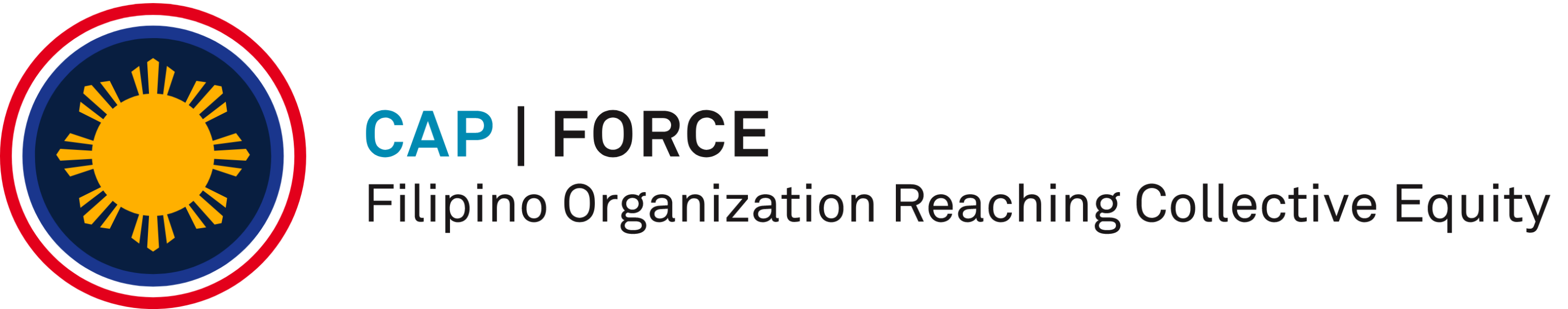 CAP FORCE logo with a stylized yellow sun emblem and text reading Filipino Organization Reaching Collective Equity.