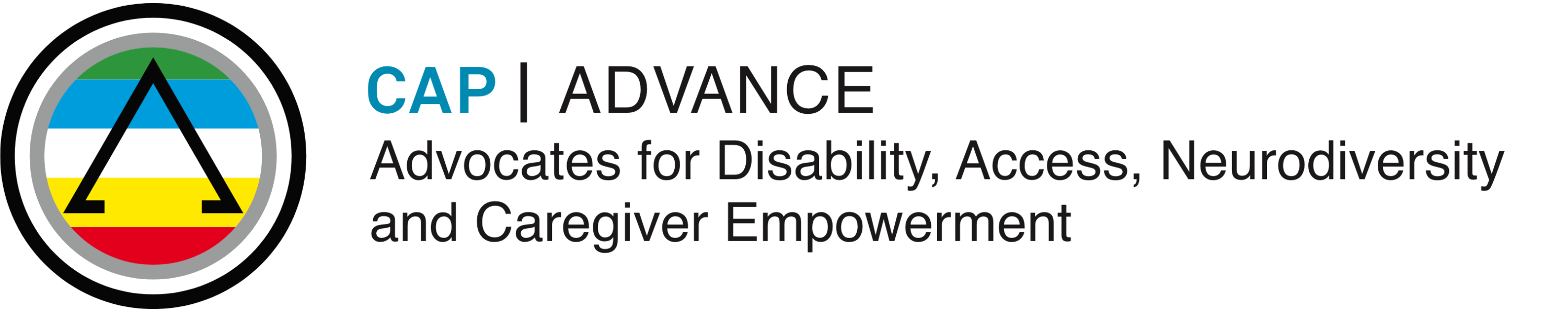 CAP-ERG-Emblems-Case-Study-img8 CAP ADVANCE logo with a geometric triangle symbol and text promoting disability access and caregiver empowerment.