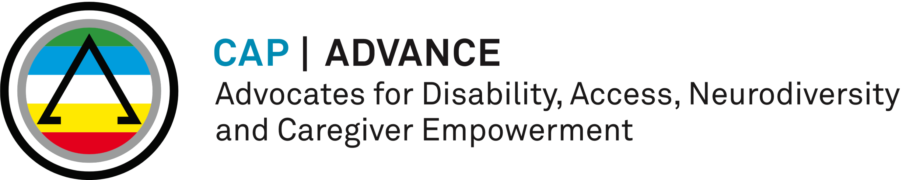 CAP ADVANCE logo with a geometric triangle symbol and text promoting disability access and caregiver empowerment.