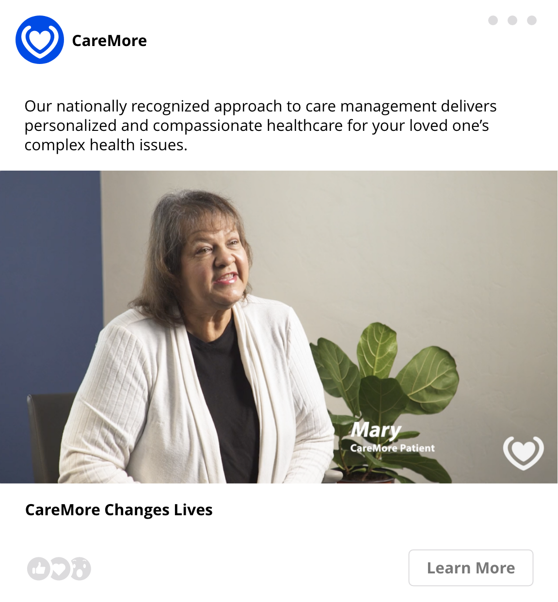 A social media ad for CareMore Health featuring patient Mary’s testimonial video.