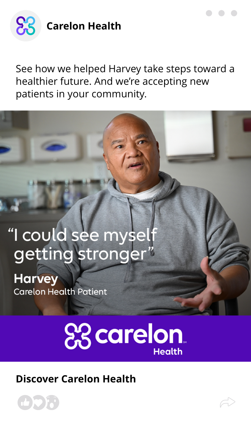 Promotional Carelon Health ad featuring patient Harvey discussing progress toward a healthier future.