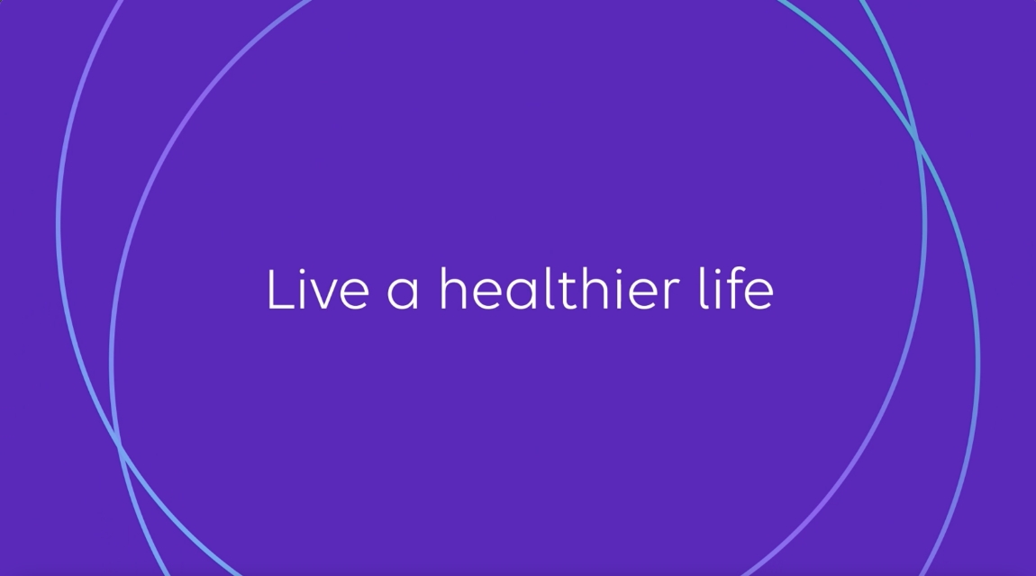 Purple graphic displaying the message Live a healthier life with subtle circular line accents.