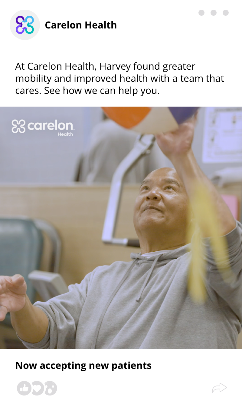 Promotional Carelon Health ad showing patient Harvey exercising during therapy with text about improved mobility and care.