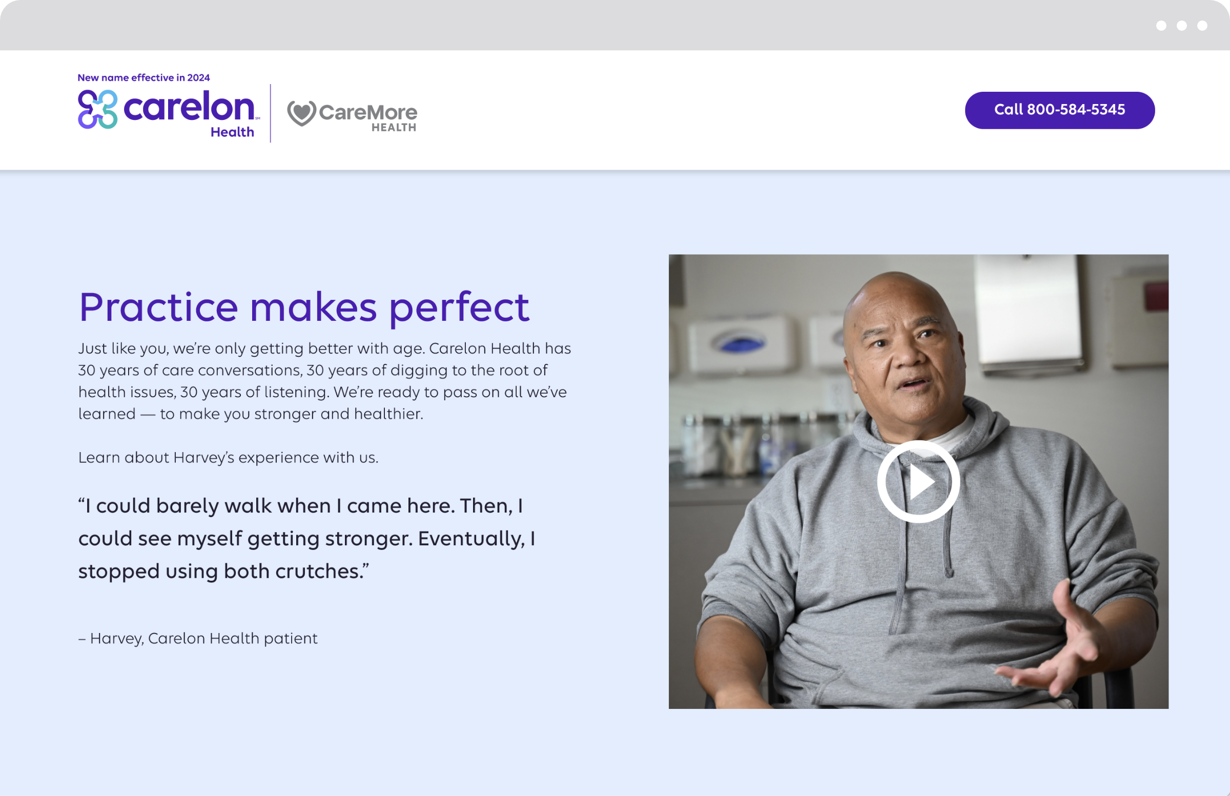 Carelon Health webpage featuring a patient testimonial video about improved strength and mobility.