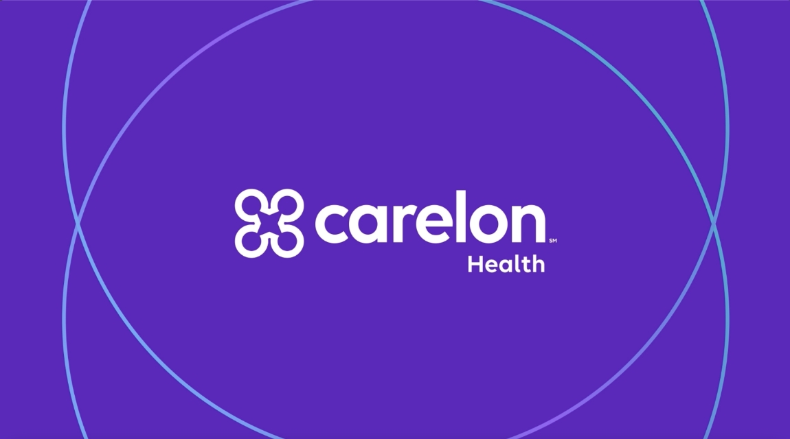 Carelon Health logo displayed in white on a purple background with subtle overlapping circular line accents.