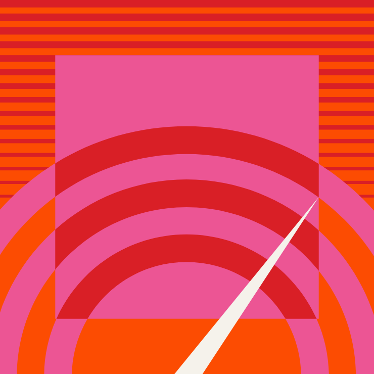 Abstract design with curved arcs, a pink square, orange stripes, and a white diagonal accent.
