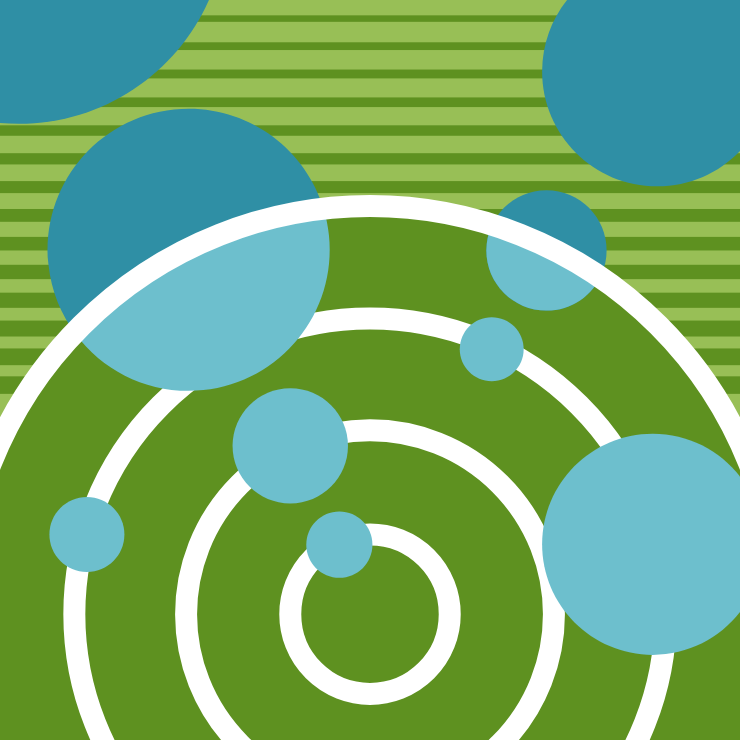 Abstract green background with concentric white circles and scattered blue circular shapes.