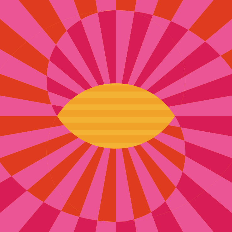 Abstract pink and red sunburst pattern with a yellow striped oval at the center.