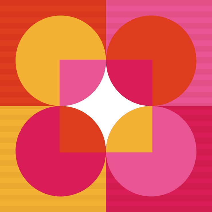 Abstract geometric design with four overlapping circles in red, pink, and yellow tones.