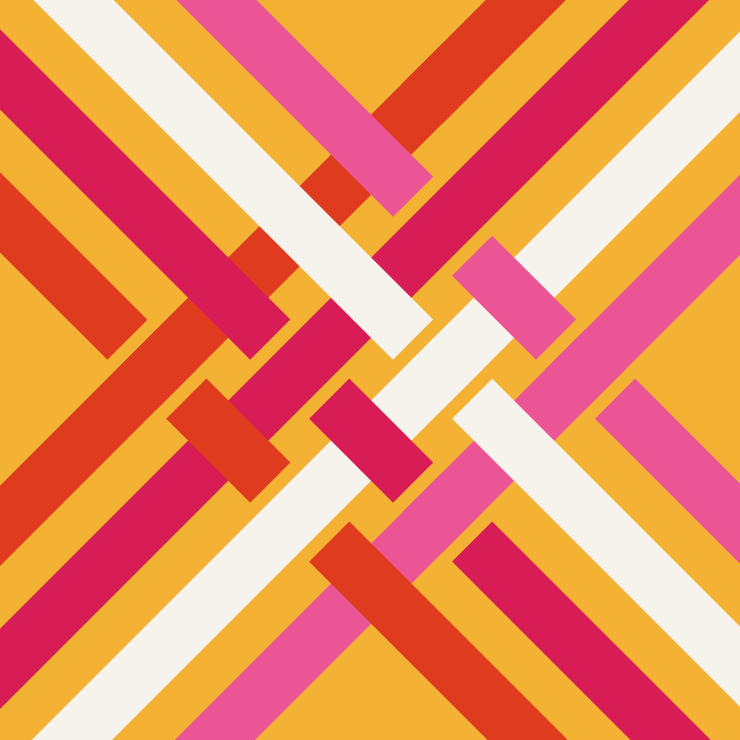 Abstract diagonal pattern of intersecting stripes in pink, orange, yellow, and cream tones.