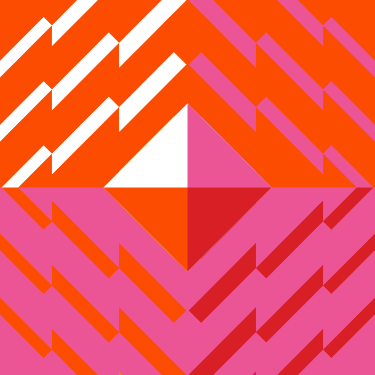 Abstract geometric design with bold zigzag patterns in orange, pink, red, and white.