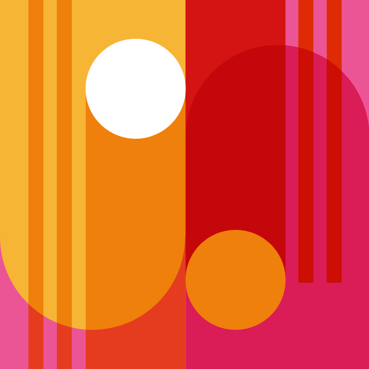 Abstract composition with bold red and orange shapes, vertical stripes, and circular accents.