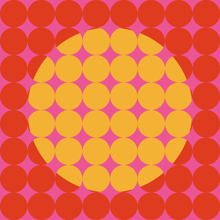 Geometric pattern of red and yellow circles forming a symmetrical grid on pink background.