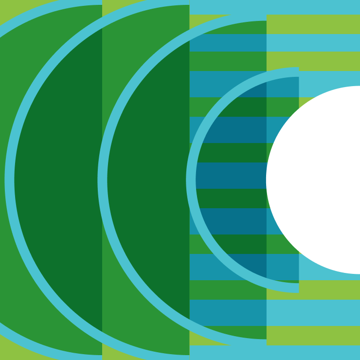Abstract geometric design with overlapping green and blue circular forms and striped accents.