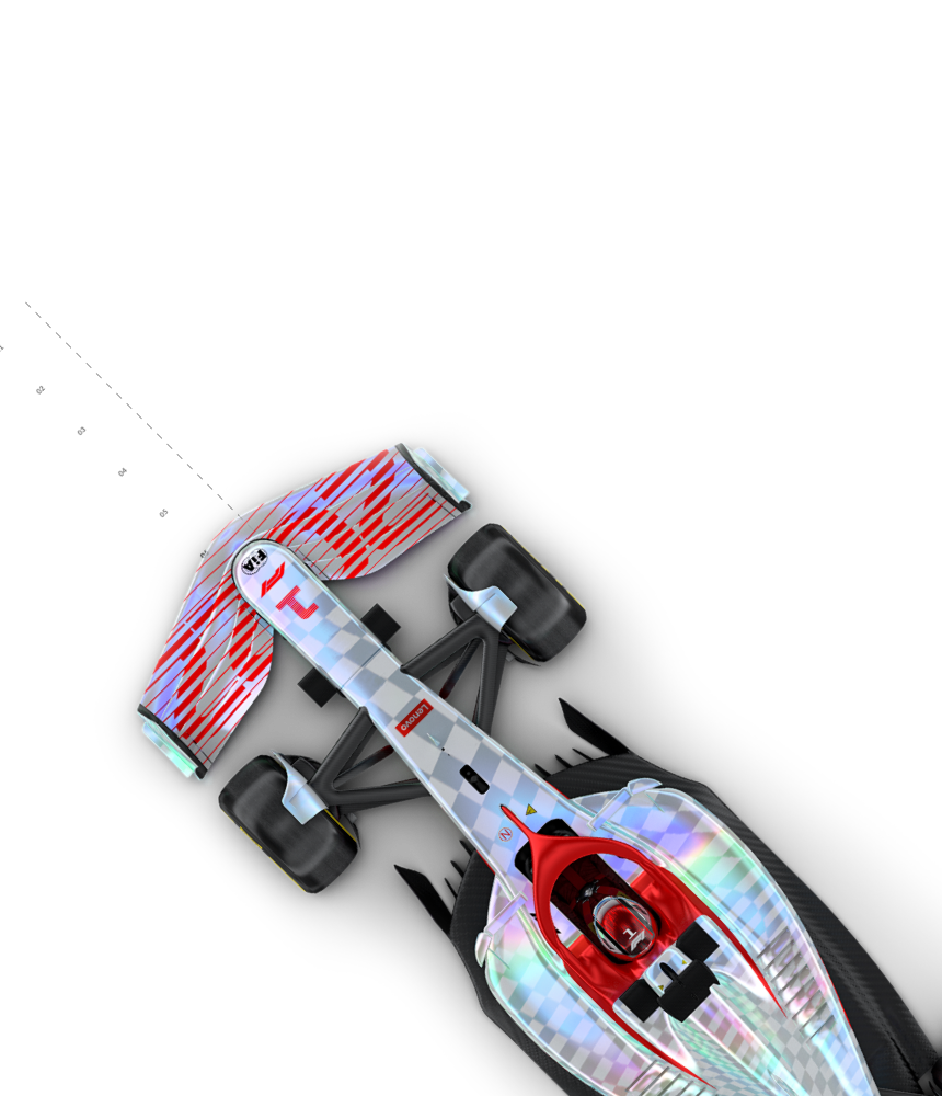 home-carousel-f1-crop-860-1 Top view of futuristic Lenovo branded Formula One race car with iridescent body and red accents.