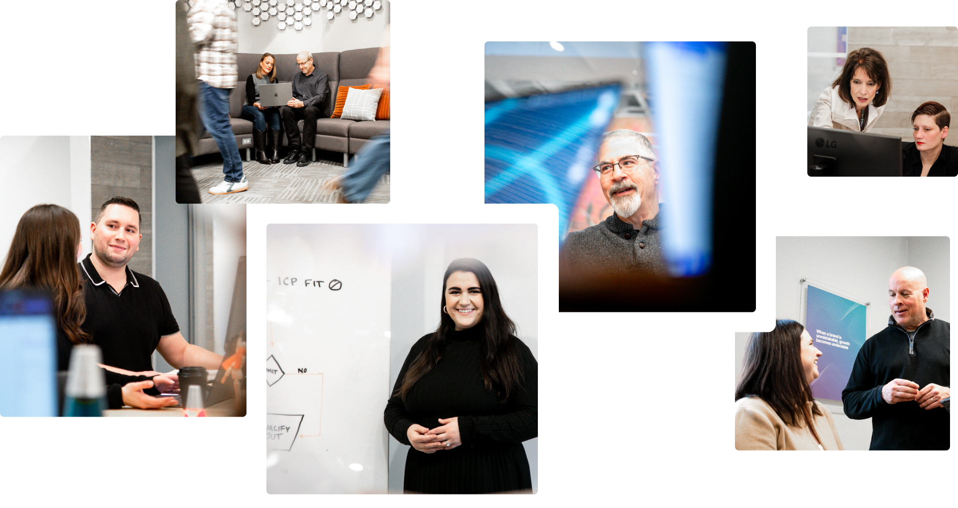 Collage of SNers collaborating in meetings, presenting ideas, and working at computers.