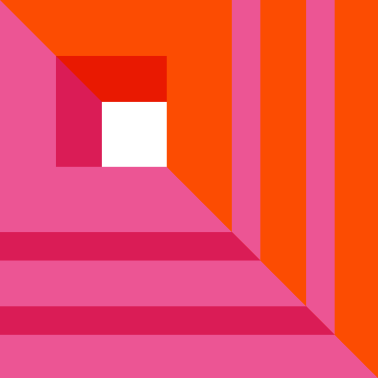 Abstract geometric composition with layered pink and orange shapes forming a stepped corner design.