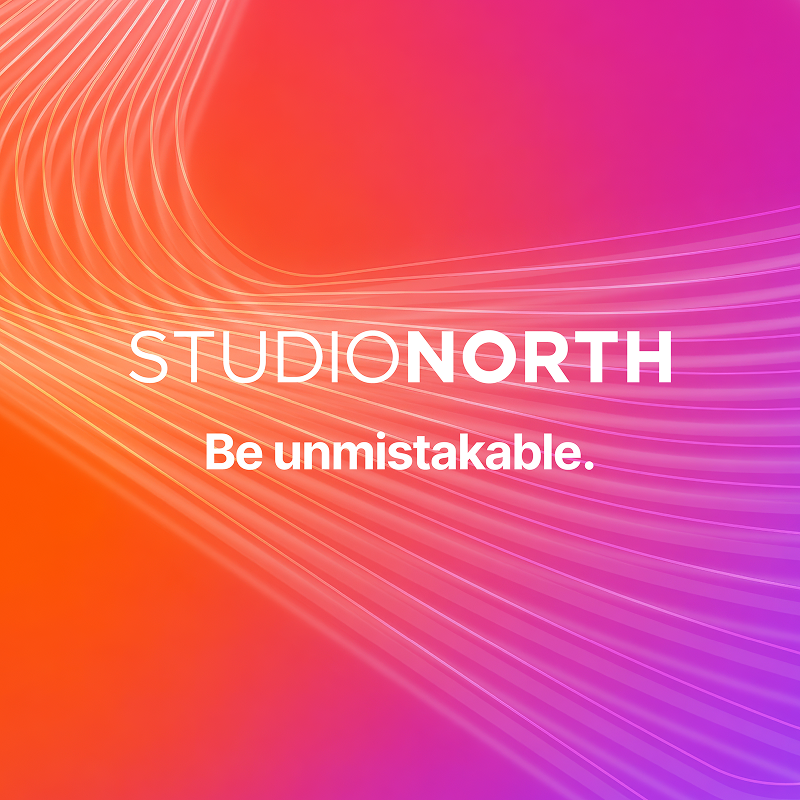 StudioNorth logo and “Be unmistakable.” over a vibrant pink and orange flowing gradient background.