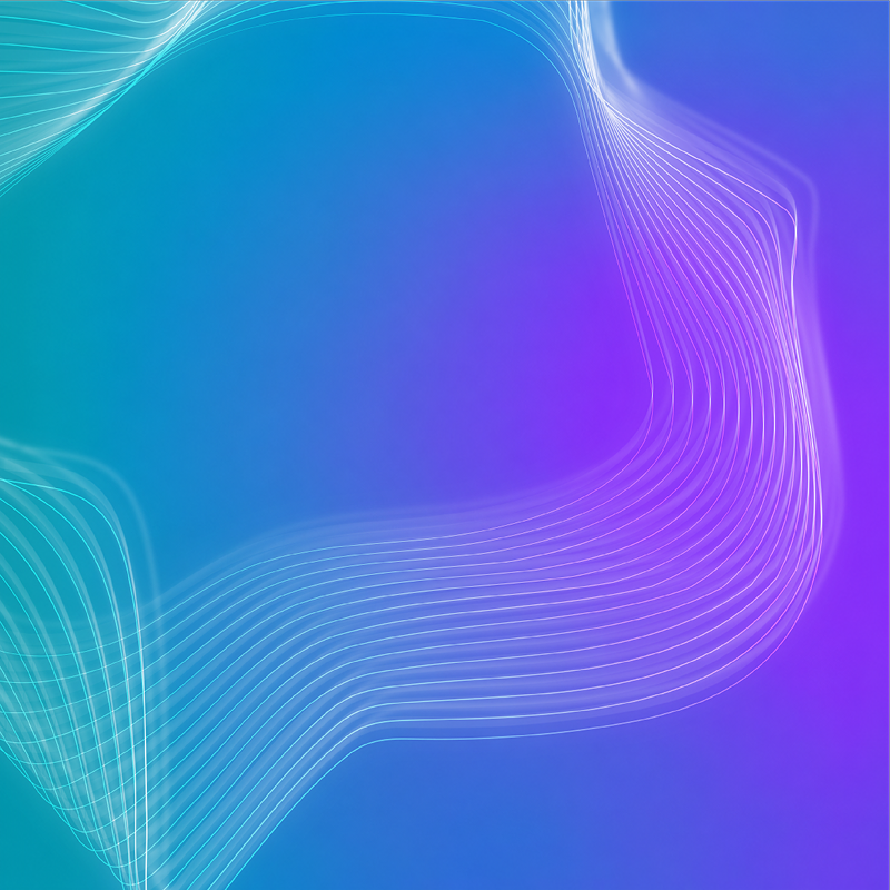 Abstract blue and purple gradient background with flowing white wave lines framing the edges.