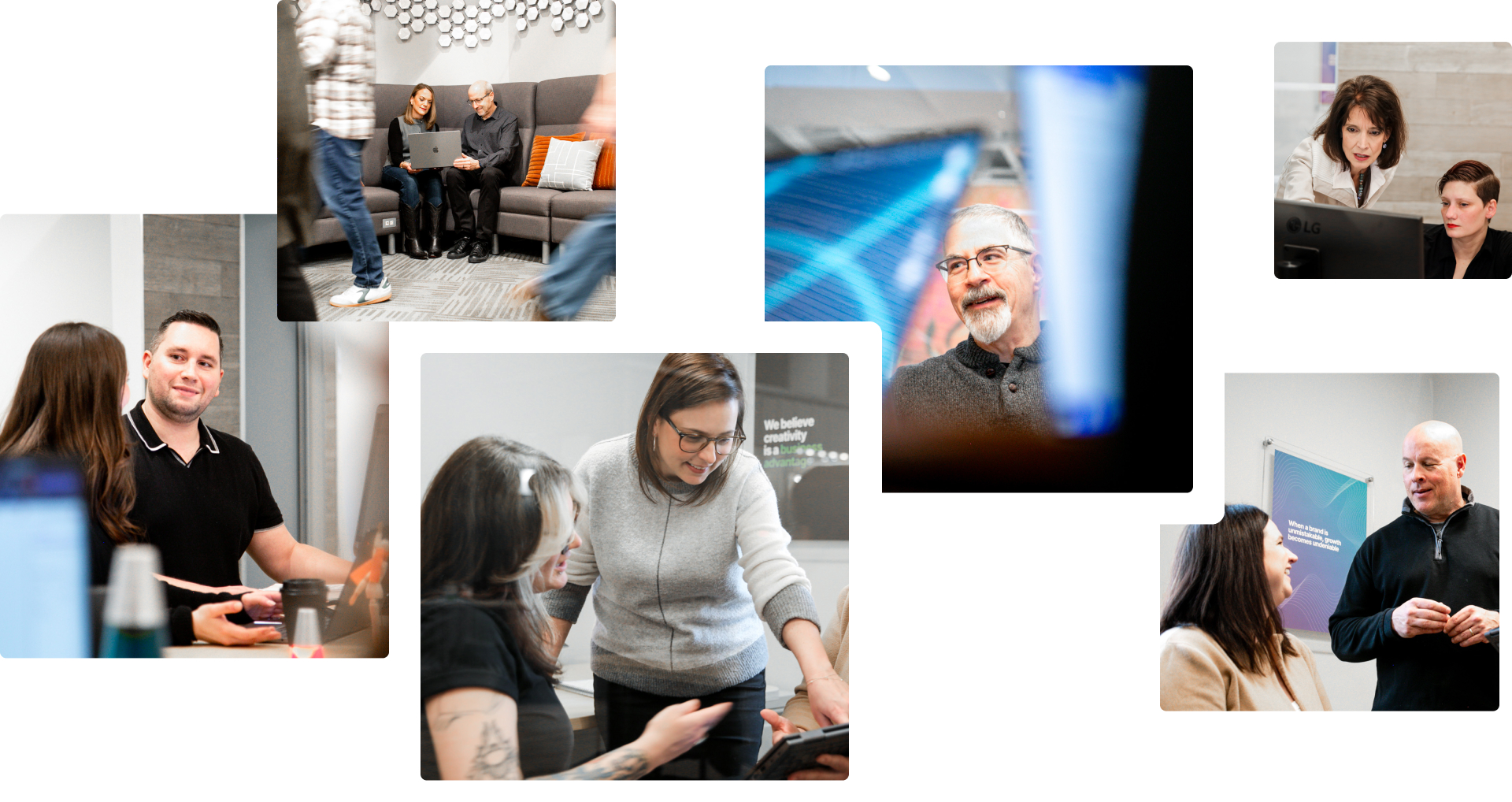 Collage of SNers collaborating in meetings, presenting ideas, and working at computers.