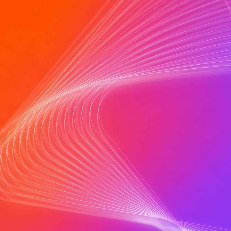Abstract orange, pink, and purple gradient with flowing white lines forming a sweeping curve.